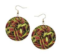 Juego de 1 par de aretes redondos de cuero con estampado de plantas carnívoras para mujer, joyería de regalo, One Size, Poliéster