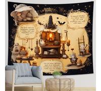 Juego de 1 tapiz de bruja con diseño de muñeco de fuego, con palabras mágicas, escalera, murciélago, póster de madera, amarillo, negro, poliéster, telón de fondo decorativo para pared, cabecero, club