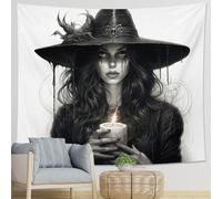 Juego de 1 tapiz de bruja con vela estética espeluznante, sombrero mágico, anillo de hojas de mujer, anillo de poliéster negro, telón de fondo decorativo para pared, sofá, oficina, dormitorio