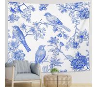 Juego de 1 tapiz floral azul de casa de campo, pájaro, flores, granja, plantas botánicas, rústico, azul chino, poliéster, telón de fondo decorativo, sofá, oficina, club, bar, techo, hogar, dormitorio