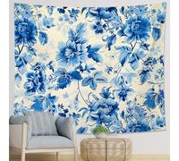 Juego de 1 tapiz floral azul de estilo chino, flores bonitas hojas botánicas, granja, azul beige, poliéster, telón de fondo decorativo para pared, sala de estar, dormitorio, cabecero, decoración para