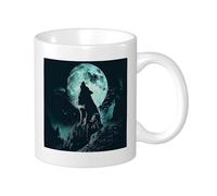 Juego de 1 taza con estampado de lobo aullido, cielo nocturno, naturaleza, paisaje, luna, pájaro, árbol, abstracto, artístico, gris, verde, té de cerámica, remojo, peso ligero, despensa, decoración