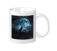 Juego de 1 taza con estampado de lobo, luna, lobo, aullido, artístico, cielo nocturno, bosque, madera, pájaro, azul, gris, cerámica, té, peso ligero, sala de estar, oficina, fondo plano, taza de café
