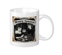 Juego de 1 taza con impresión de bruja, póster retro de hermosas niñas, lindo gato, orejas de gato artísticas, espeluznantes, negro, amarillo, cerámica, colección irrompible, oficina, gimnasio