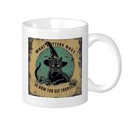 Juego de 1 taza con impresión de bruja, póster retro, sombrero mágico, lindo gato, divertido murciélago, árbol espeluznante, madera, verde, amarillo, cerámica, té, empapado, despensa, sala de estar