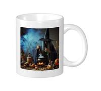 Juego de 1 taza con impresión de bruja, sombrero de poción mágica, tarro de vela, botella de vidrio, calavera de fuego, calabaza, azul, naranja, té de cerámica, empapado, peso ligero, despensa