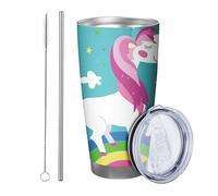 Juego de 1 vaso arcoíris con tapa, diseño de caballos, nube, estrella, bonito, para niños, verde, azul, acero inoxidable, caliente y frío, reutilizable, para oficina, al aire libre, club, dormitorio