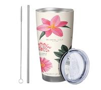 Juego de 1 vaso con diseño de flores con tapa, para identificación de plantas, hermosas hojas florales para niños, estético, rosa, amarillo, inoxidable, aislado, para viajes, piscina, al aire libre