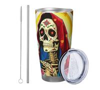Juego de 1 vaso de calavera con tapa, diseño de religión, fe, cristo, flores, hojas, bandera de estrella, amarillo, azul, aislado, sin derrames, para escuela, universidad, guardería, sin tallo, doble