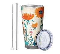Juego de 1 vaso de flores con tapa, estilo bohemio, abstracto, hojas artísticas, granja, naranja, azul, acero inoxidable, aislado caliente y frío, sin derrames, oficina, al aire libre, club