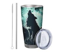 Juego de 1 vaso de lobo aullido, cielo nocturno, naturaleza, paisaje, luna, pájaro, árbol, abstracto, artístico, gris, verde, metal, reutilizable, sin derrames, inastillable, patio, picnic al aire
