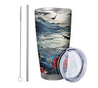 Juego de 1 vaso de rosa con tapa, diseño de río espeluznante, botánico, luna, nube, hojas florales, cielo nocturno, pájaro, azul, rojo, aislado, metal, no se derrama, escuela, universidad, guardería