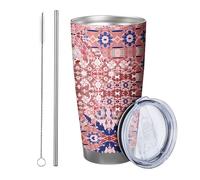 Juego de 1 vaso floral azul con tapa, diseño abstracto azteca bohemio, patrón vintage, rosa, azul, aislado, metal, no se derrama, escuela, universidad, guardería, sin tallo, doble pared, 20 onzas