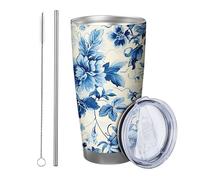 Juego de 1 vaso floral azul estilo chino, bonitas flores botánicas, hojas botánicas, granja, azul, beige, metal, sin derrames, inastillable, patio, picnic al aire libre, gimnasio, con pajita, bebidas