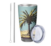 Juego de 1 vaso tropical con tapa, diseño abstracto de plátano, paisaje de montaña, pintura botánica, azul y verde, aislado, sin derrames, oficina, club al aire libre, dormitorio, sin tallo, doble