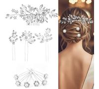 Juego de 10 Accesorios de Pelo para Boda, 4 Horquillas de Cristal con Diamantes de Imitación y 6 Horquillas de Flores para Novias y Damas de Honor, Plata