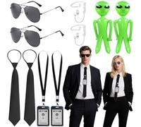 Juego de 10 accesorios para disfraz de agente, kit de disfraz de agente secreto con soportes de identificación, lazos negros, lentes de sol, auriculares inflables de alienígenas verdes para mujeres y