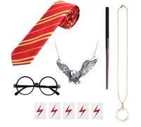Juego de 10 accesorios para disfraz de mago con varita de mago, corbata a rayas, gafas de marco redondo, collar de mago, tatuaje temporal de relámpago para cosplay, disfraces, suministros de fiesta de