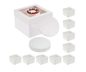 Juego de 10 Cajas para Tartas Relaxdays con Ventana y Bases, 20 x 30 x 30 cm, Bodas y Catering, cartón Blanco
