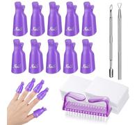 Juego de 10 Clips Quitaesmalte para Uñas con 2 Empujadores para Cutículas, 1 Cepillo de Uñas, 100Almohadillas de Algodón para Uñas de Gel, Clip Removedor para Uñas de Gel Removedor Herramienta-morado
