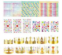 Juego de 10 coronas de papel dorado,con 6 hojas de calcomanías de letras de números y 6 hojas de calcomanías autoadhesivas de diamantes de imitación,Ideal para Fiestas de Cumpleaños de Niños y Adultos