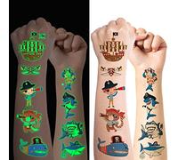 Juego de 10 hojas de tatuaje para niños, diseño de pirata de tiburón, para niñas, niños, brillan en la oscuridad, resistente al agua, tatuajes infantiles, regalos de cumpleaños infantiles