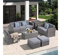 Juego de 10 muebles de patio con sofá modular de mimbre de polietileno, muebles de conversación al aire libre, incluyendo otomanas, caja de almacenamiento, mesa de café, cojines, clips para jardín