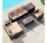 Juego de 10 muebles de patio con sofá modular de mimbre de polietileno, muebles de conversación al aire libre, incluyendo otomanas, caja de almacenamiento, mesa de café, cojines, clips para jardín