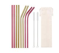 Juego De 10 Pajitas Reutilizables Acero Inoxidable Colores, Metal, Accesorio For Bar Y Fiesta 64(Gold-Red)