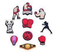 Juego de 10 pines de boxeo para zuecos y zapatos con agujeros - encantos decorativos Tema Boxing - Guantes de Boxeo, Cinturón de Campeón, Boxeadores y Accesorios Deportivos - Personalización Mujer
