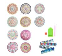 Juego de 10 Posavasos Diamond Painting, Posavasos de DIY Diamond Painting Redondos con Soporte de Almacenamiento, Bandeja de Madera Diamond-Painting de Colores Vivos, 10 Diseños