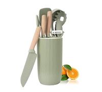 Juego de 10 utensilios de cocina, 10 cuchillos antiadherentes de acero inoxidable y espátula de silicona con soporte, mango ergonómico de madera (verde)