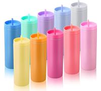 Juego de 10 vasos delgados con tapas y popotes, juego de vasos acrílicos de color pastel mate, tazas de plástico reutilizables de doble pared, botellas de agua para bebidas frías y calientes para