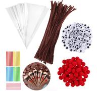 Juego de 100 Bolsas Chuches Cono, Kit de Bricolaje de Reno para Navidad, Hilo de Chenilla Marrón, Pompones Esponjosos, Ojos Saltones, Tiras de Corbata, Bolsas Transparentes para Chuches