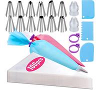 Juego de 100 bolsas pasteleras y boquillas, 12 pulgadas, bolsas de glaseado desechables para decoración de pasteles con 1 bolsa de tubería reutilizable, 1 acoplador, 12 boquillas de glaseado, 2 lazos