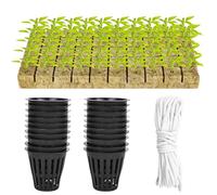Juego de 100 macetas de malla, cesta hidropónica, incluye 50 vasos de malla de 2 pulgadas con malla ranurada y 50 cubos de lana de roca, juego con mecha de riego automático de 10 m para interiores y