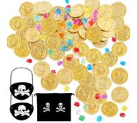 Juego de 100 monedas de oro piratas, 50 monedas de oro, 50 piedras preciosas, 2 bolsillos de almacenamiento, 2 solapas de ojos piratas, multicolor piratas, juego de piedras preciosas piratas, monedas