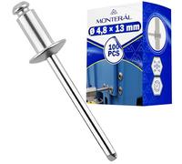 Juego de 100 Piezas Remaches Aluminio Ø 4,8x13 mm - Orificio para Montaje Ø 5 mm Rango de Sujeción 7,5-9,5 mm - Remaches Fabricados en Aluminio y Acero - MONTERAL