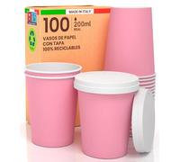 Juego de 100 tazas de café para llevar de papel rosa de 200 ml con tapa de papel de bebidas frías y calientes, té preparado con agua Cappuccino ecológico biodegradable tazas desechables coloridas +