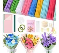 Juego de 1000 limpiadores de pipas de flores, 10 colores para manualidades con tallos de flores, perlas, estambres, cinta adhesiva, papel de embalaje, instrucciones (idioma español no garantizado