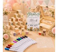 Juego de 104 piezas para baby shower, juego de 48 cubos de madera para pintar, 42 plantillas, 12 lápices acrílicos, cartel de madera y caja de madera, juego creativo de baby shower y género para