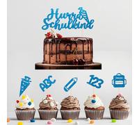 Juego de 11 adornos para tartas con texto "Hurra Schulkind", ABC 123, bolsas de azúcar, para niñas y niños, ideal para el comienzo del colegio y regalos, color azul