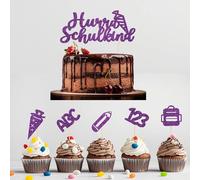 Juego de 11 adornos para tartas con texto "Hurra Schulkind", ABC 123, bolsas de azúcar, para niñas y niños, ideal para el comienzo del colegio y regalos, color lila