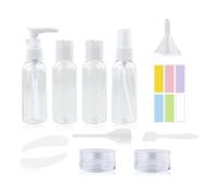 Juego de 11 botellas de viaje con 1 pegatina de colores, recipientes de viaje recargables, recipientes de plástico para artículos de tocador con pequeñas botellas de spray, bolsa de aseo transparente