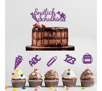 Juego de 11 decoraciones para tartas con texto en alemán "Endlich Schulkind", ABC 123, bolsas de azúcar, para niñas y niños, ideal para el comienzo del colegio y regalos, juego de decoración de