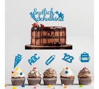 Juego de 11 decoraciones para tartas con texto en alemán "Endlich Schulkind", ABC 123, bolsas de azúcar, para niñas y niños, ideal para el comienzo del colegio y regalos, color azul
