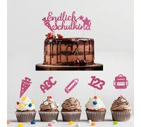 Juego de 11 decoraciones para tartas con texto en alemán "Endlich Schulkind", ABC 123, bolsas de azúcar, para niñas y niños, ideal para el comienzo del colegio y regalos, juego de decoración de