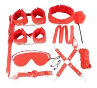 Juego de 11 esposas de cuero de felpa for BDSM, collar sexual con vendas for los ojos, arnés con pinzas for pareja, látigo de cuerda negra for sadomasoquismo(Red-11pcs)