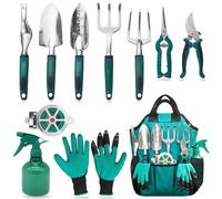 Juego de 11 herramientas de jardín con mango ergonómico antideslizante, incluye bolsa de almacenamiento, pala de jardín, botella pulverizadora, tijeras de jardín, guantes de jardín, herramientas de