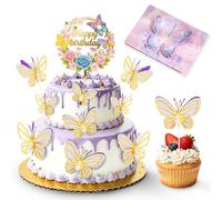 Juego de 11 Piezas de Decoración para Tarta con Mariposas 3D Moradas - Topper para Tartas y Cupcakes, Ideal para Cumpleaños, Bodas y Fiestas, con Tarjeta de Felicitación de Mariposa